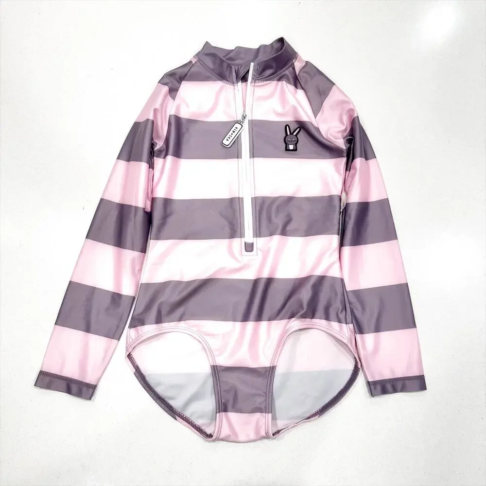 Dinosea Purple Pink Stripe Girl's Swimsuit One Piece 7-8Y
